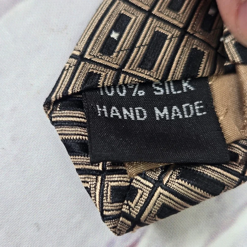 Bill Robinson Tie Gold Black Geometric 100% Silk Hand Made Dress Necktie Mens